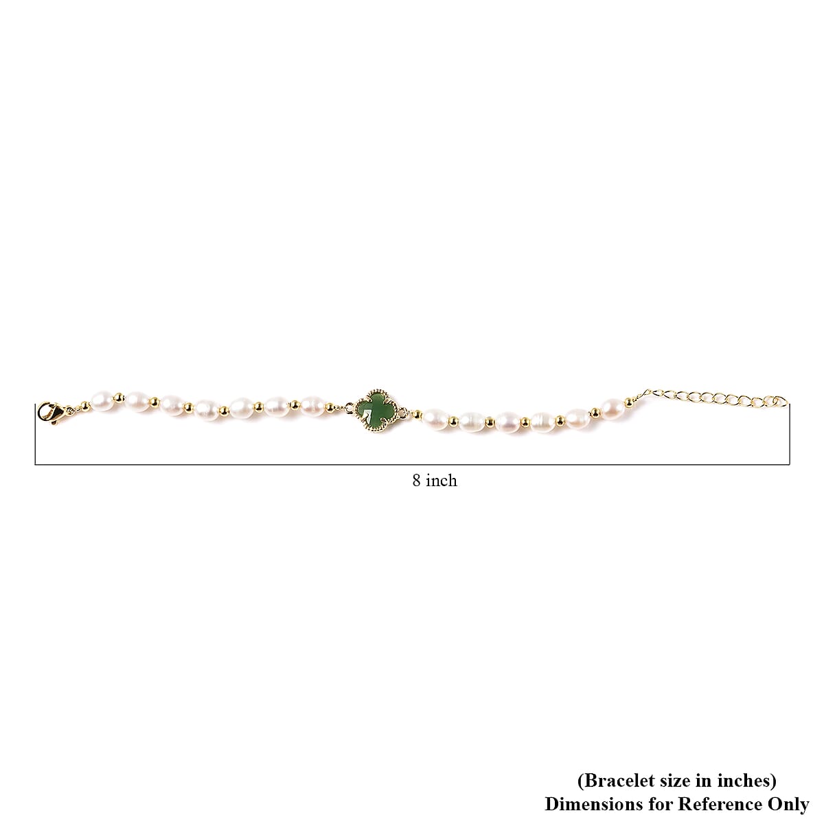 Simulated Emerald and White Freshwater Pearl Bracelet With Four Clover Leaf Charm in Goldtone Lobster Clasp (7.5-9.5-In) image number 5