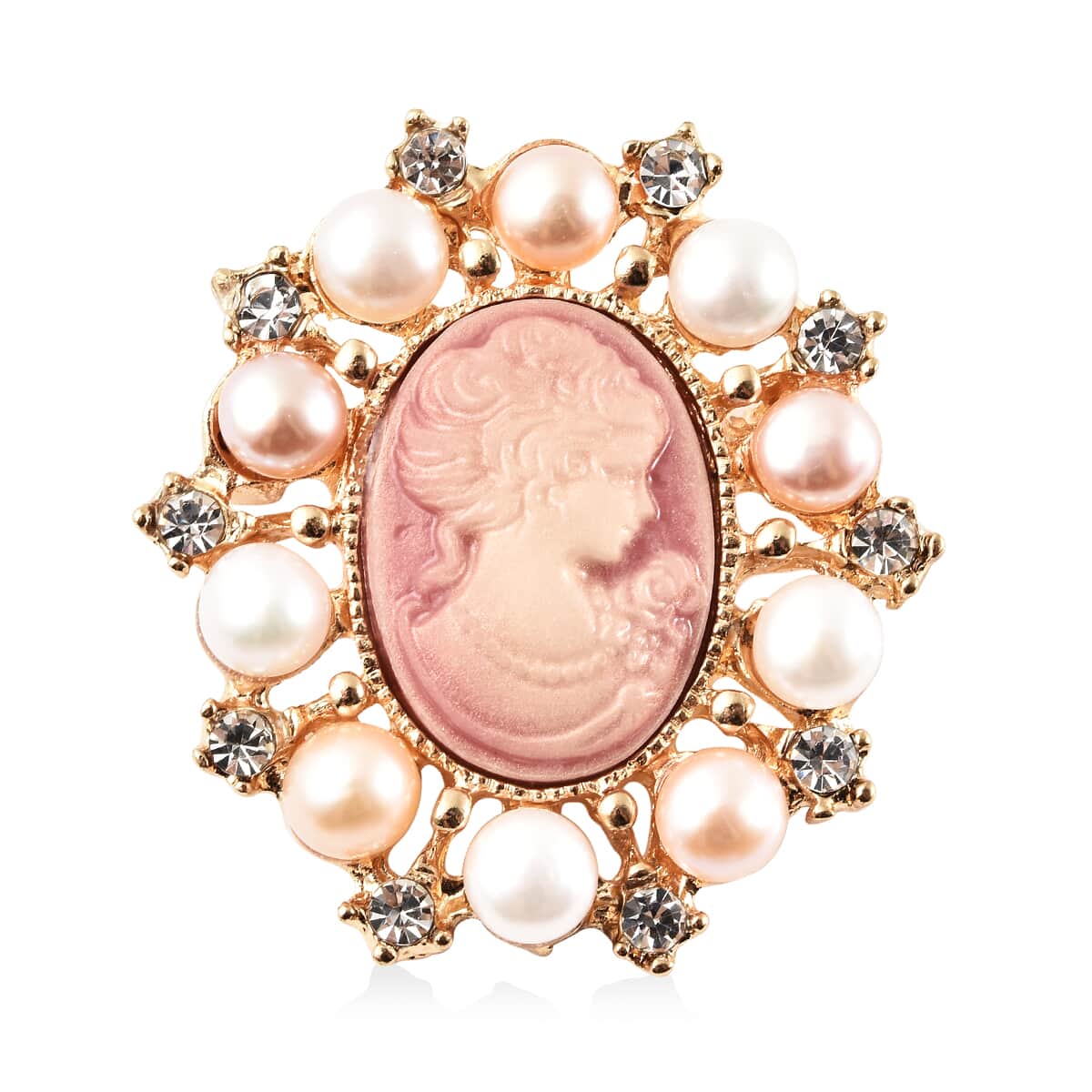 Cameo Carved, Multi Color Freshwater Pearl and Austrian Crystal Pendant or Brooch in Goldtone image number 0