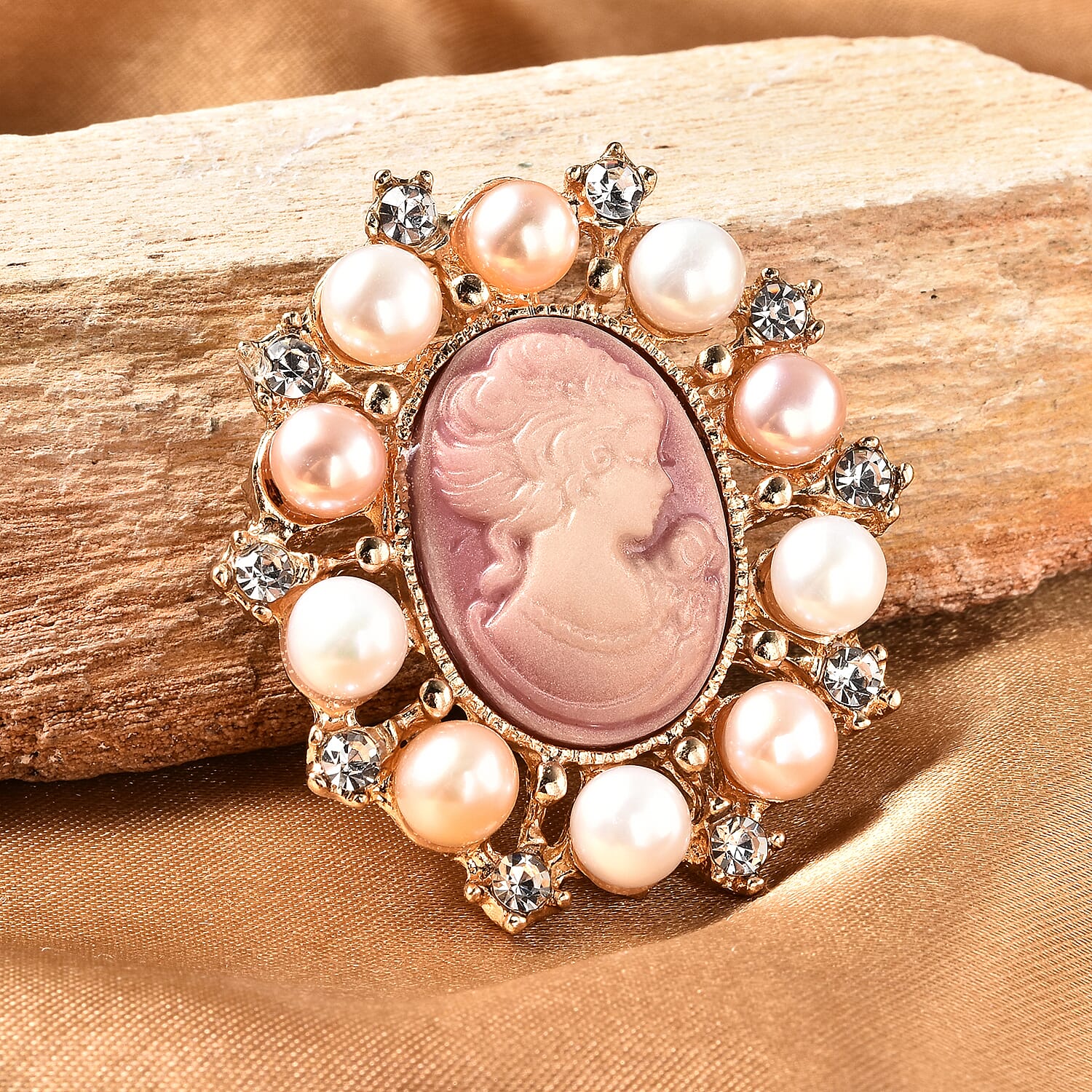 Cameo Carved, Multi Color Freshwater Pearl and Austrian Crystal Pendant or Brooch in Goldtone