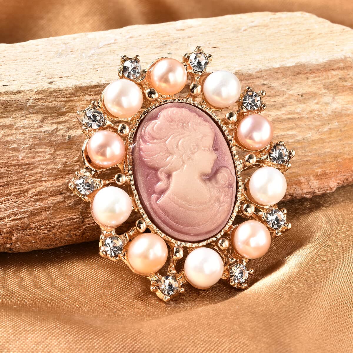 Cameo Carved, Multi Color Freshwater Pearl and Austrian Crystal Pendant or Brooch in Goldtone image number 1