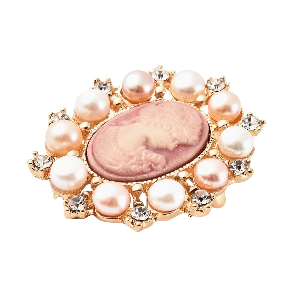 Cameo Carved, Multi Color Freshwater Pearl and Austrian Crystal Pendant or Brooch in Goldtone image number 2