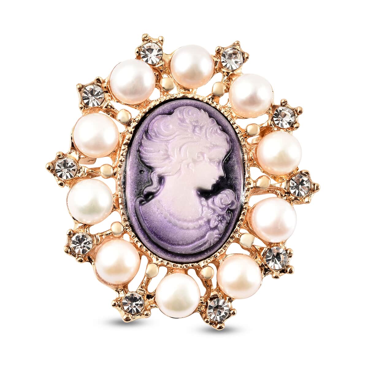 Cameo Carved, White Freshwater Pearl and Austrian Crystal Pendant or Brooch in Goldtone image number 0