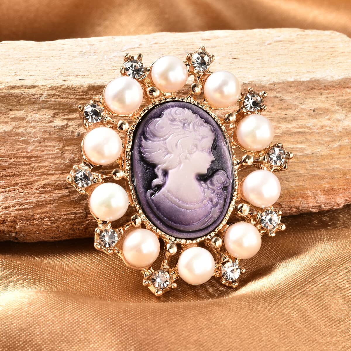 Cameo Carved, White Freshwater Pearl and Austrian Crystal Pendant or Brooch in Goldtone image number 1