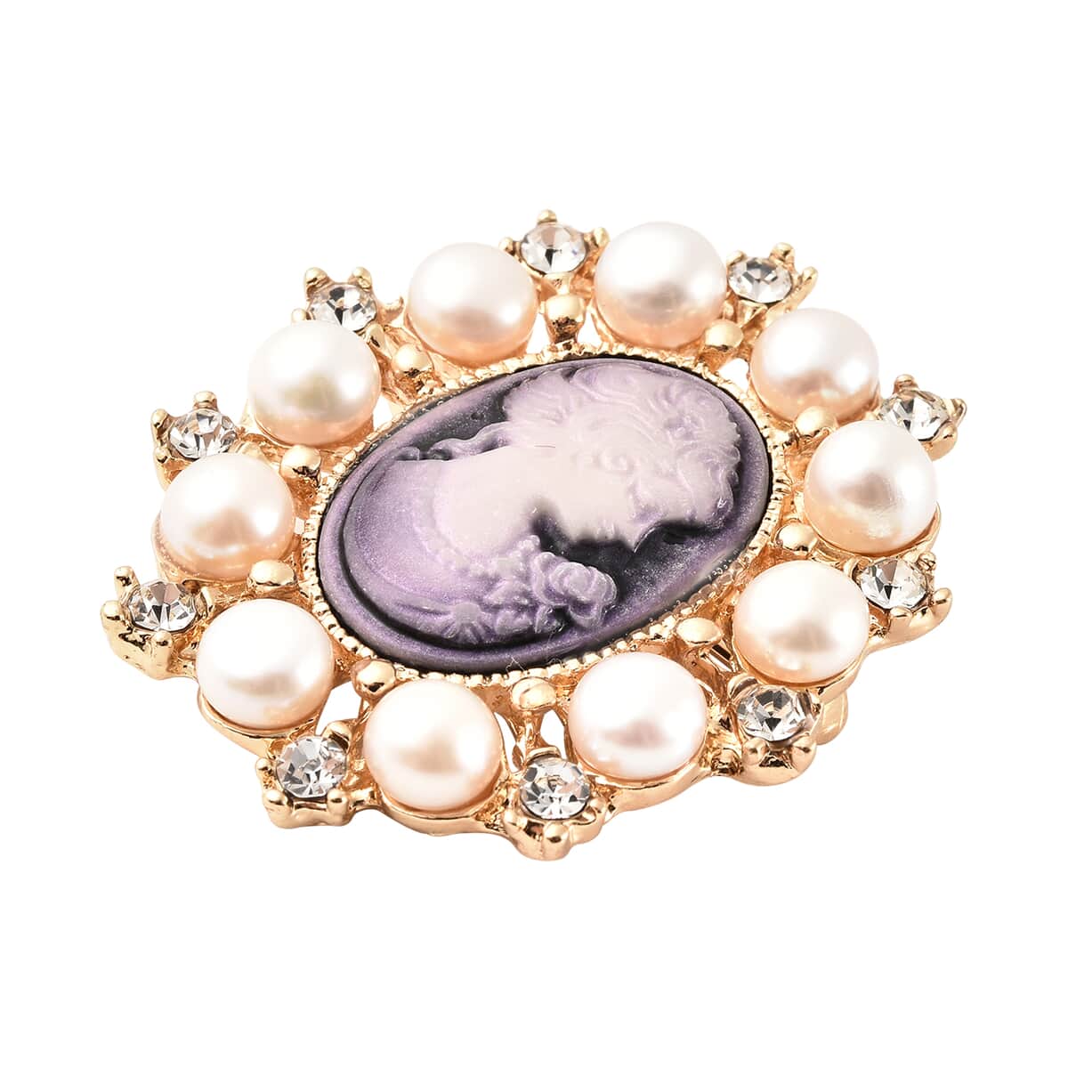Cameo Carved, White Freshwater Pearl and Austrian Crystal Pendant or Brooch in Goldtone image number 2