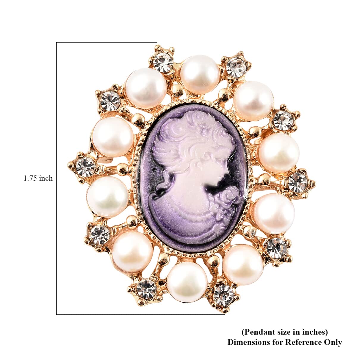 Cameo Carved, White Freshwater Pearl and Austrian Crystal Pendant or Brooch in Goldtone image number 4
