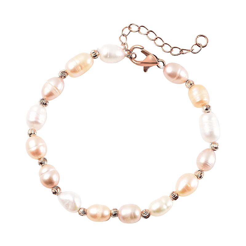 Multi Color Freshwater Pearl Adjustable Bracelet in Rosetone 6-8 in