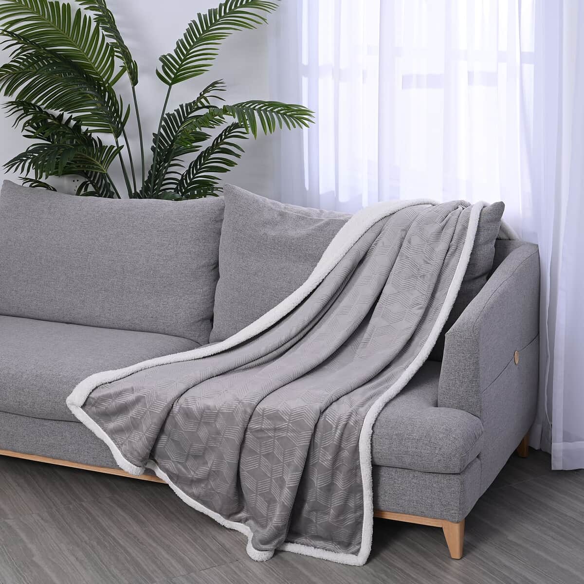 Homesmart Gray Geometric Embossed Two Sided Sherpa and Plush Blanket image number 0
