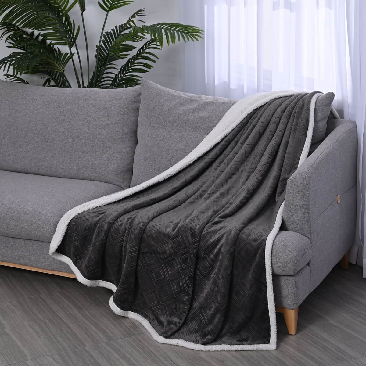 Homesmart Dark Gray Geometric Embossed Two Sided Sherpa and Plush Blanket image number 0