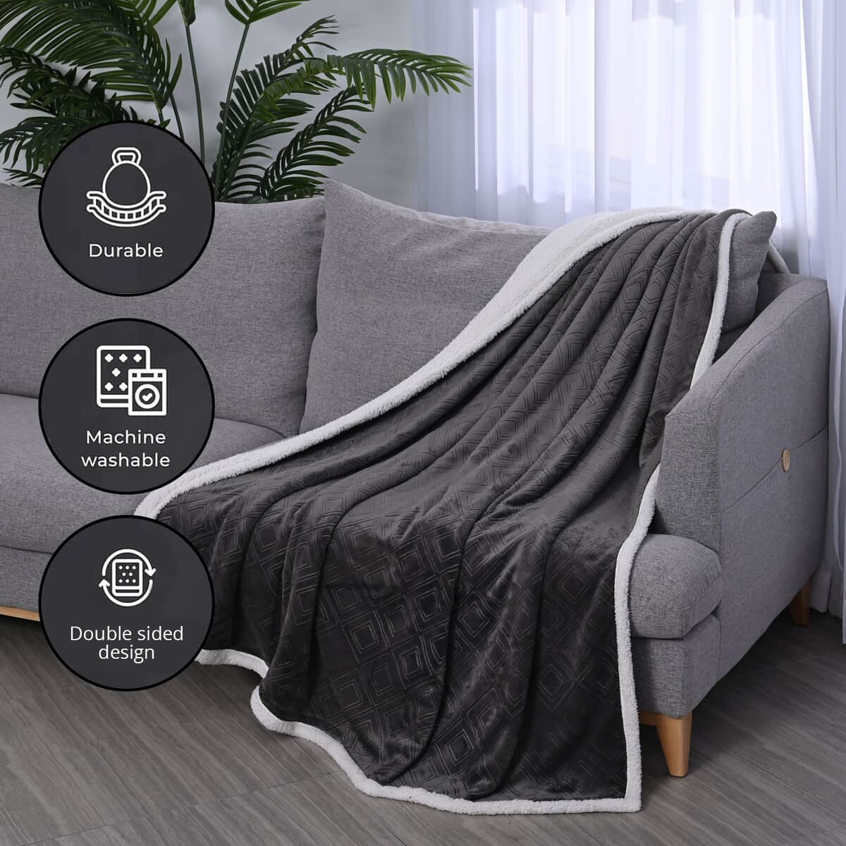 Homesmart Dark Gray Geometric Embossed Two Sided Sherpa and Plush Blanket image number 2