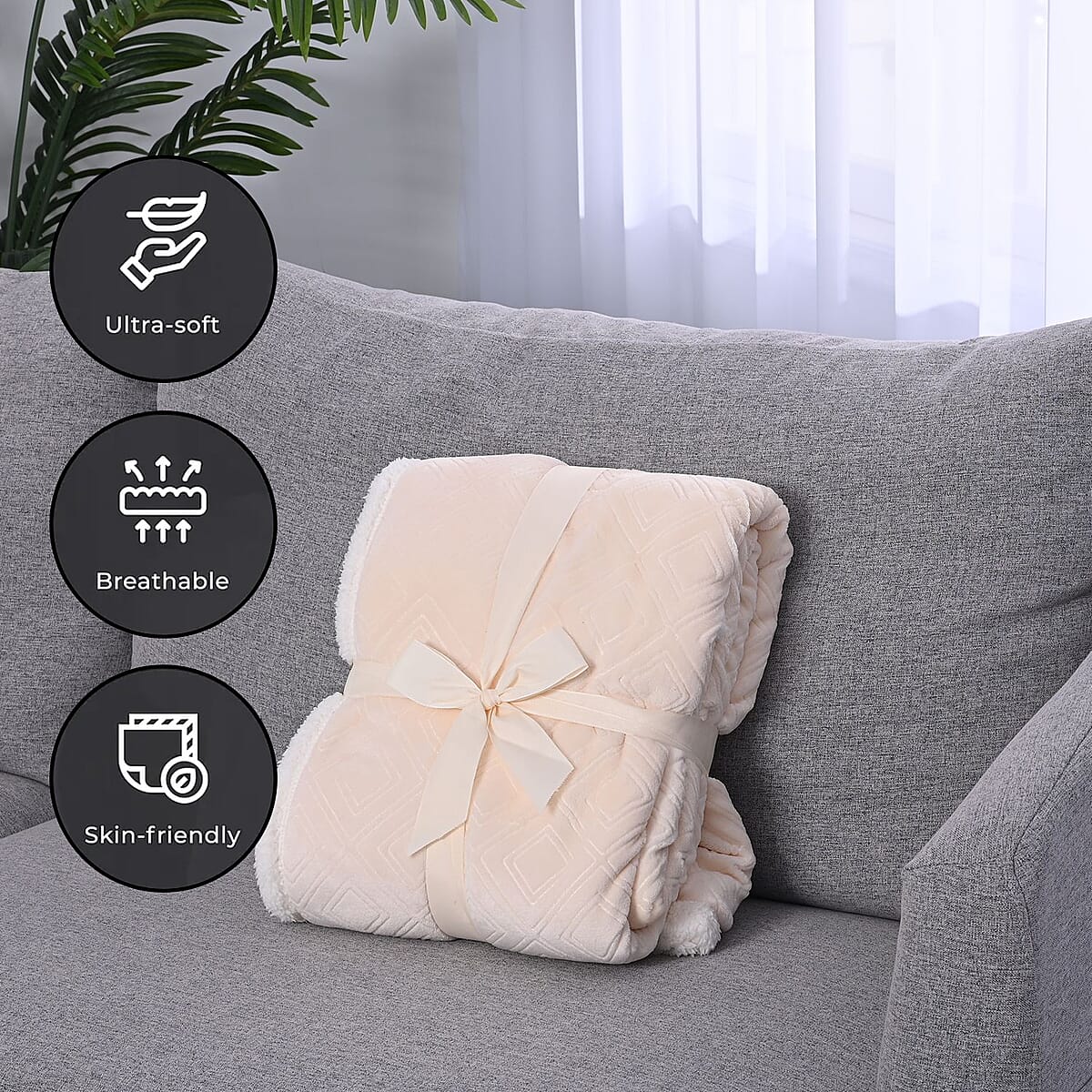 Homesmart Ivory Geometric Embossed Two Sided Sherpa and Plush Blanket image number 1