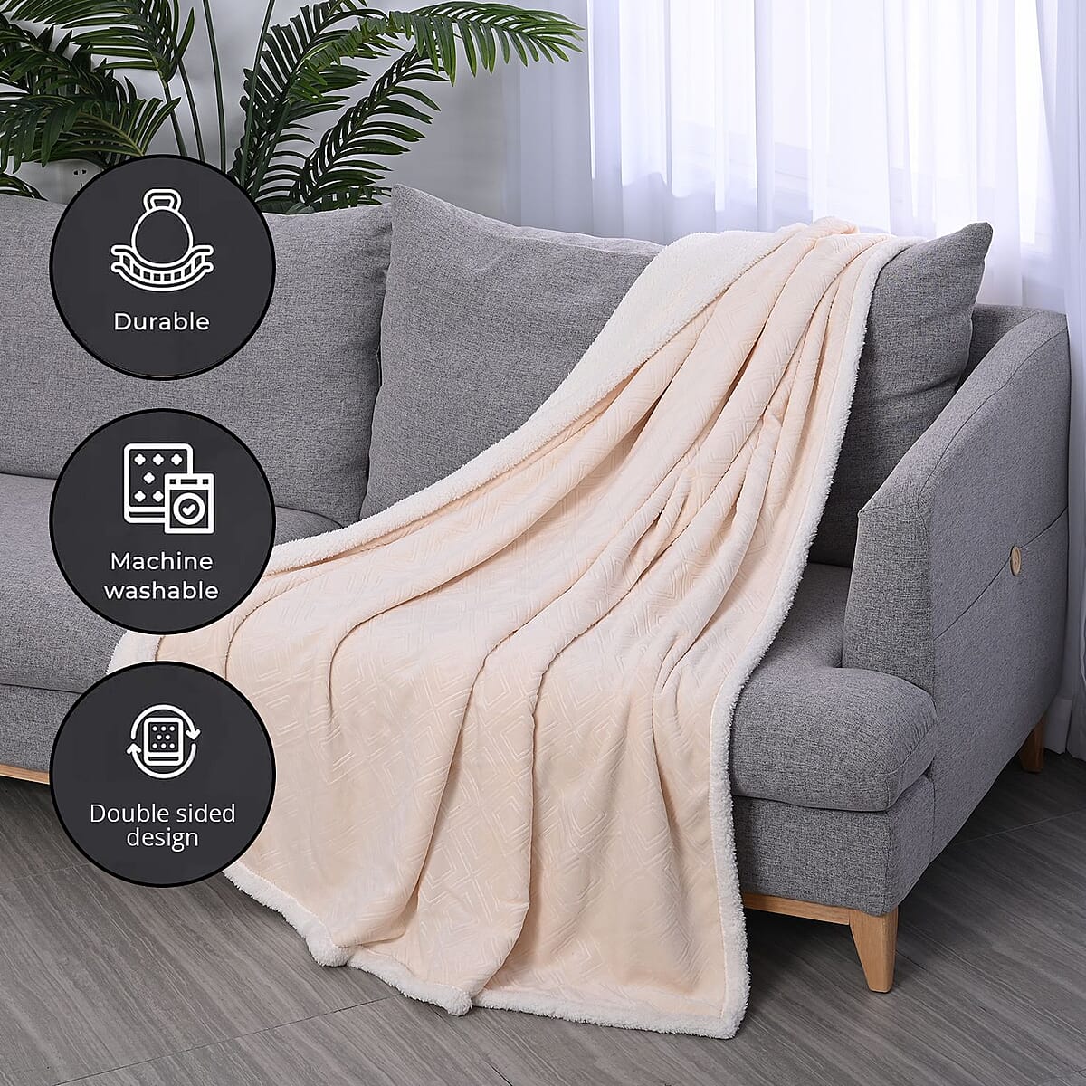Homesmart Ivory Geometric Embossed Two Sided Sherpa and Plush Blanket image number 2