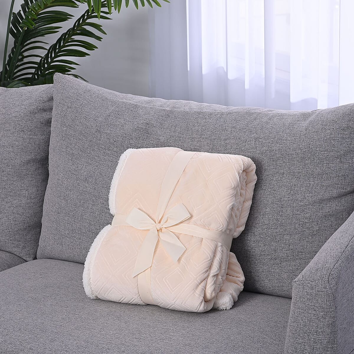 Homesmart Ivory Geometric Embossed Two Sided Sherpa and Plush Blanket image number 5