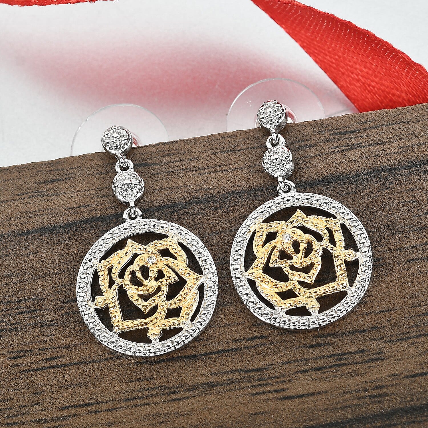 Karis Diamond Accent Floral Circle Dangle Earrings in 18K Yellow Gold Plated and Platinum Bond