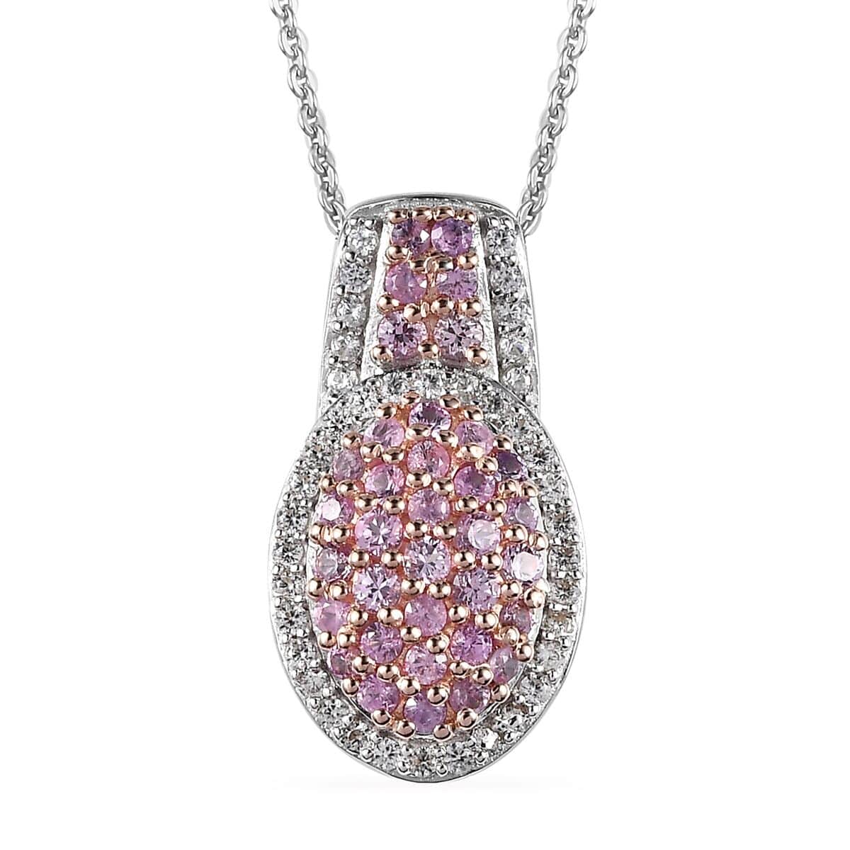 Madagascar Pink Sapphire and Natural White Zircon Cocktail Pendant Necklace 20 Inches in Platinum Over Sterling Silver 1.50 ctw image number 0