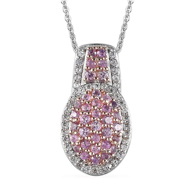 Madagascar Pink Sapphire and White Zircon Cocktail Pendant Necklace 18 Inches in Platinum Over Sterling Silver 1.35 ctw