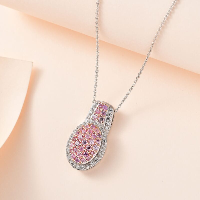 Madagascar Pink Sapphire and White Zircon Cocktail Pendant Necklace 18 Inches in Platinum Over Sterling Silver 1.35 ctw