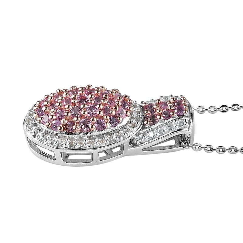 Madagascar Pink Sapphire and White Zircon Cocktail Pendant Necklace 18 Inches in Platinum Over Sterling Silver 1.35 ctw