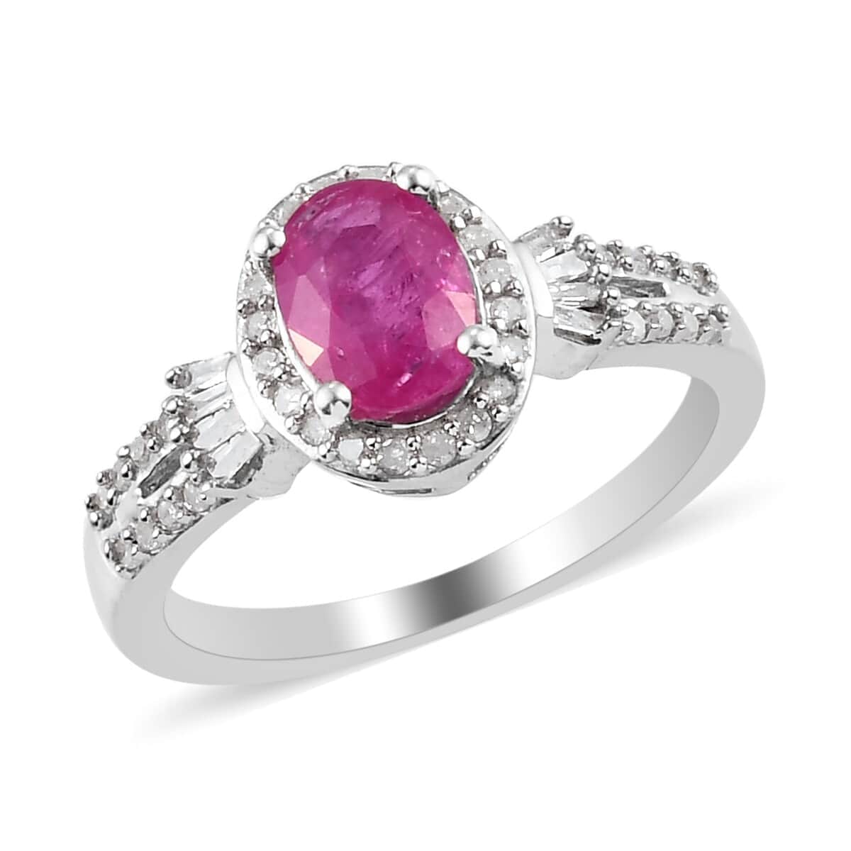 Premium Niassa Ruby (FF) and Diamond Halo Ring in Platinum Over Sterling Silver (Size 6.0) 1.15 ctw image number 0