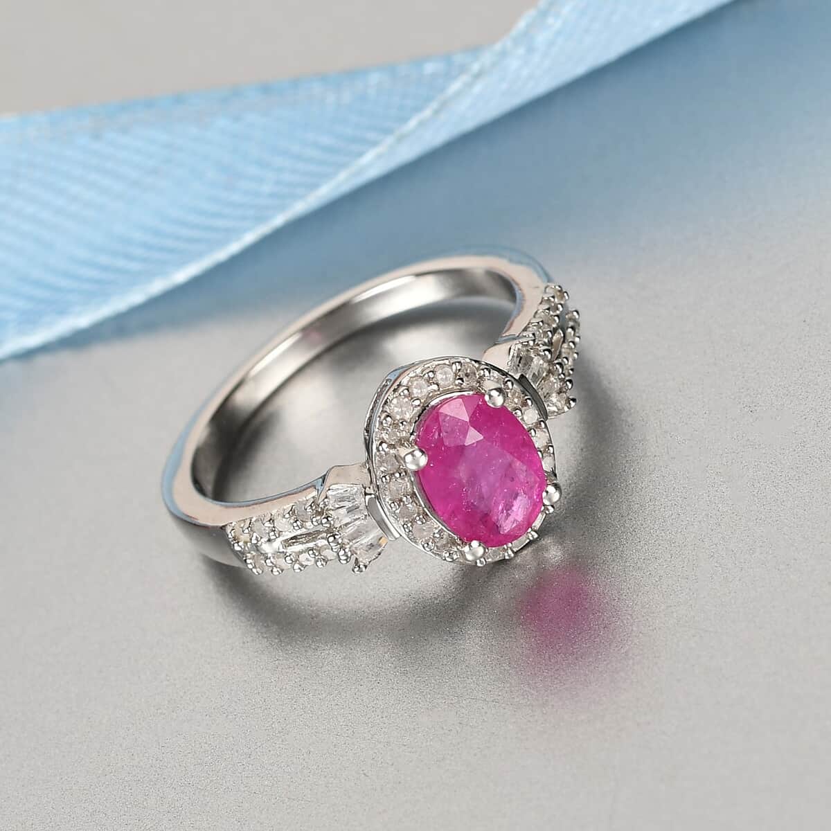 Premium Niassa Ruby (FF) and Diamond Halo Ring in Platinum Over Sterling Silver (Size 6.0) 1.15 ctw image number 1