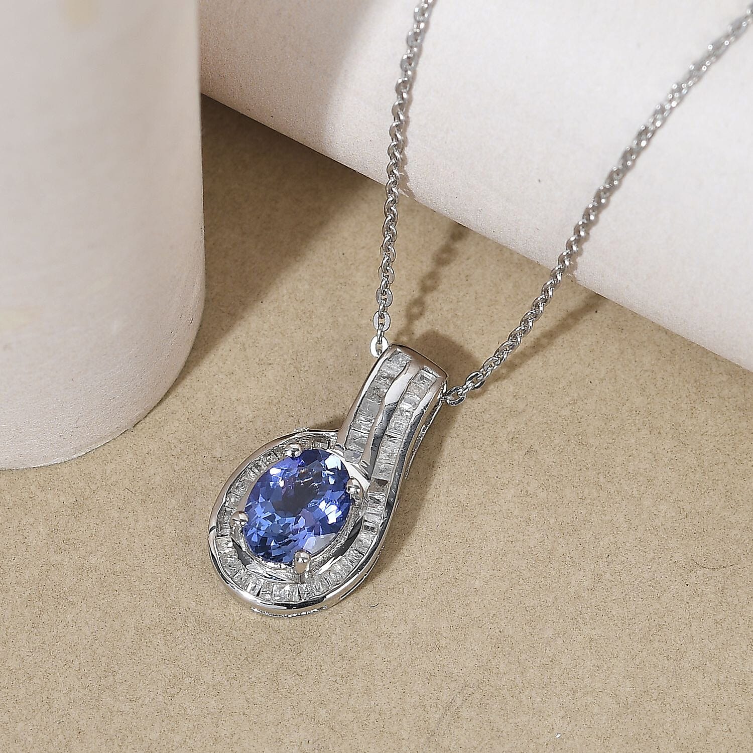 Tanzanite and Diamond Pendant Necklace 20 Inches in Platinum Over Sterling Silver