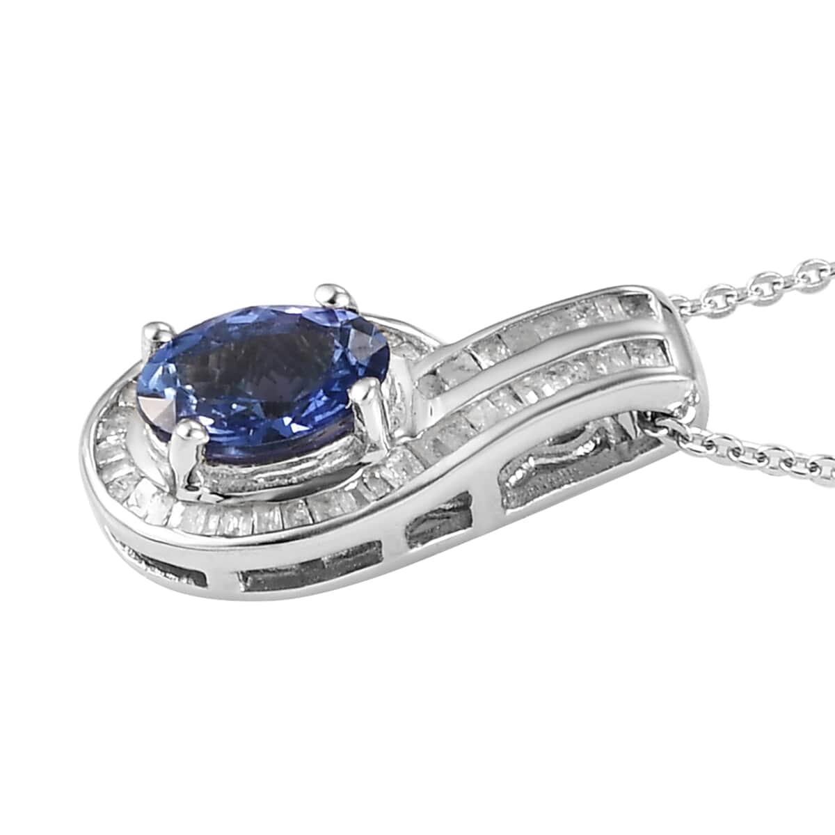 Tanzanite and Diamond Pendant Necklace 20 Inches in Platinum Over Sterling Silver 1.50 ctw image number 3