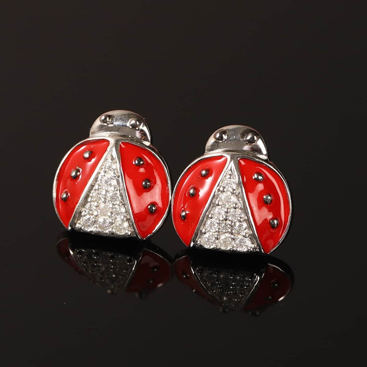 GP Italian Garden Collection Moissanite VS EF and Enameled Ladybug Stud Earrings in Platinum Over Sterling Silver 0.40 ctw image number 1