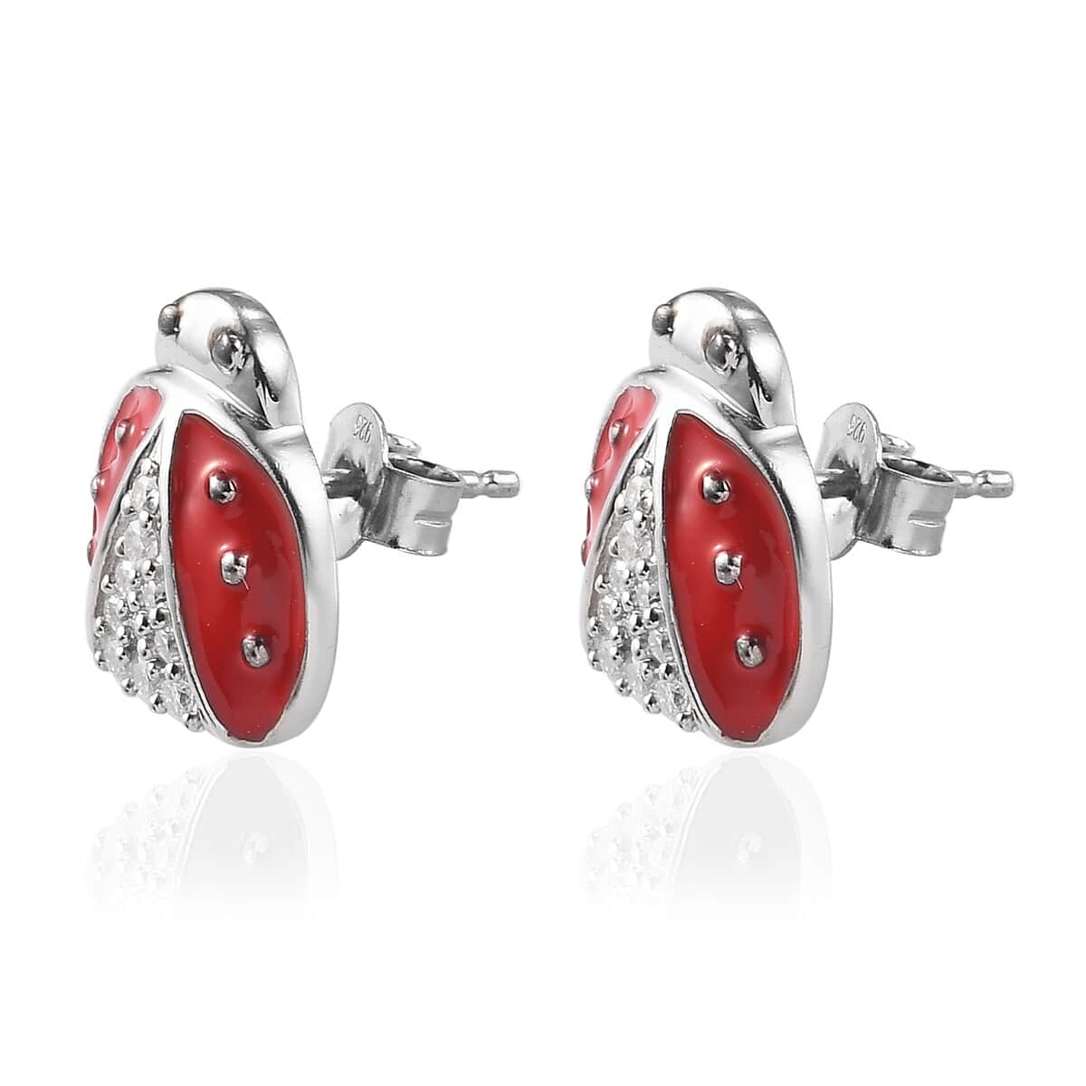 GP Italian Garden Collection Moissanite VS EF and Enameled Ladybug Stud Earrings in Platinum Over Sterling Silver 0.40 ctw image number 3
