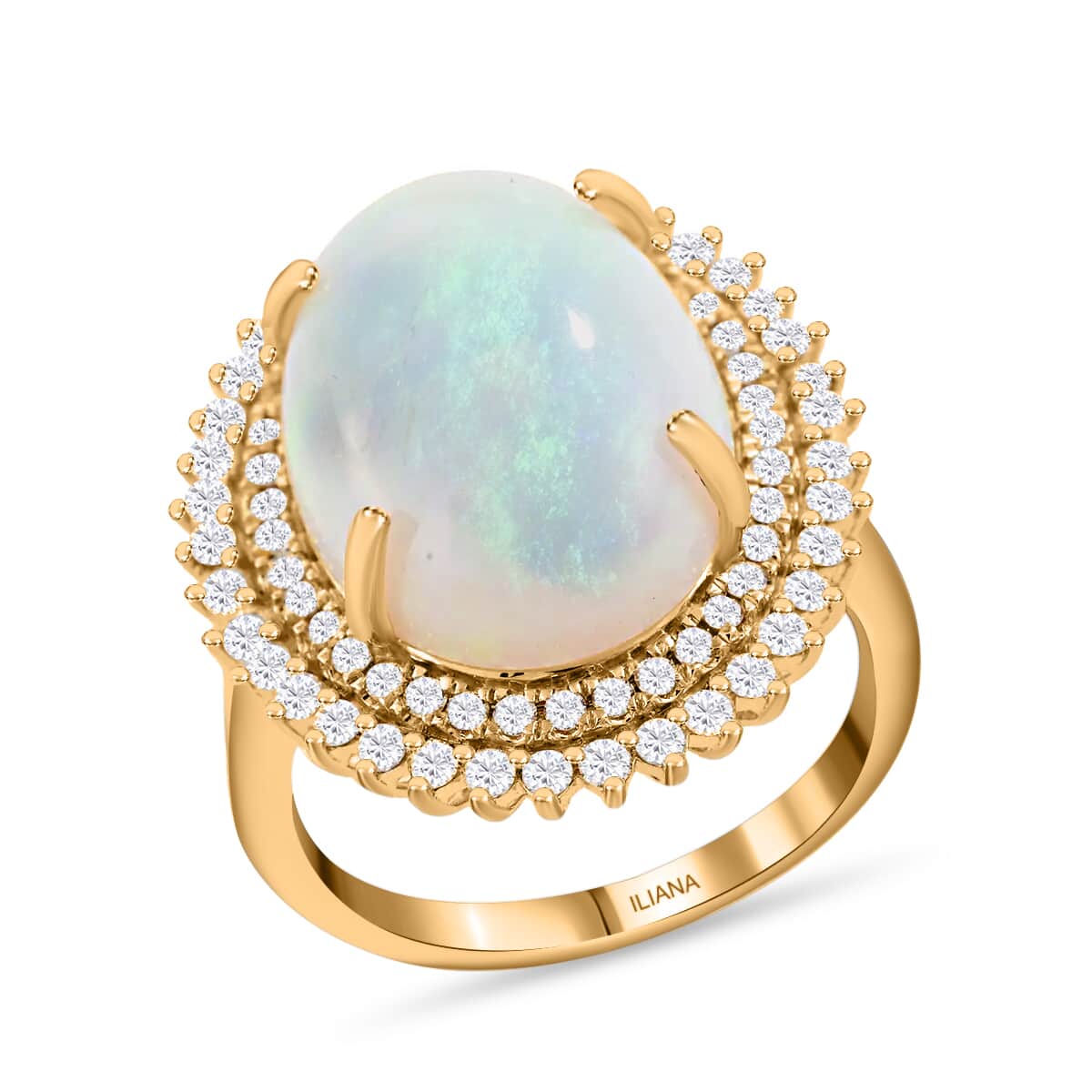 Iliana 18K Yellow Gold AAA Ethiopian Welo Opal and G-H SI Diamond Double Halo Ring (Size 6.0) 7.80 Grams 7.25 ctw image number 0