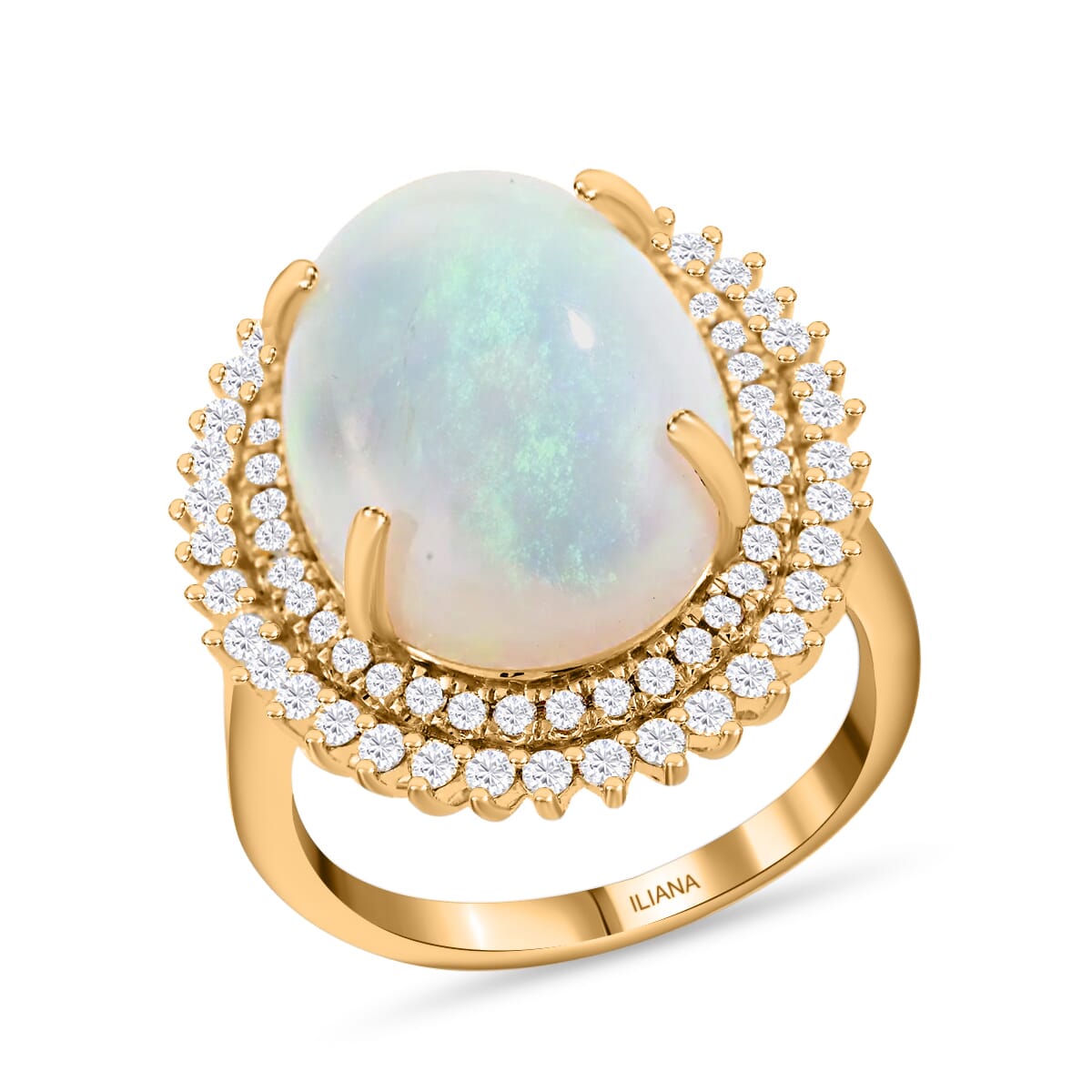 Iliana 18K Yellow Gold AAA Ethiopian Welo Opal and G-H SI Diamond Double Halo Ring (Size 7.0) 7.80 Grams 7.25 ctw image number 0