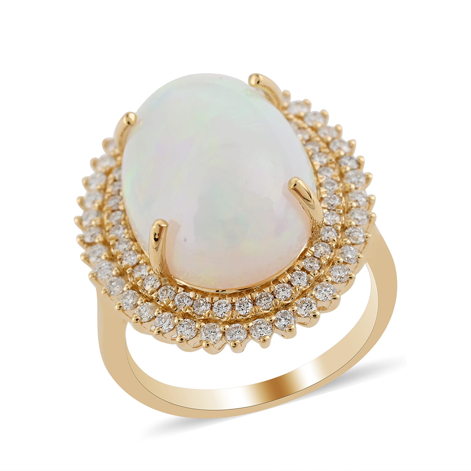 Iliana 18K Yellow Gold AAA Ethiopian Welo Opal and G-H SI Diamond Double Halo Ring (Size 8.0) 7.80 Grams 7.25 ctw