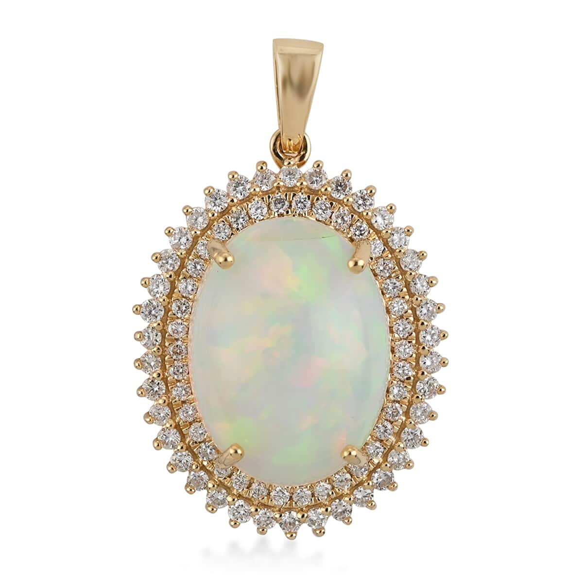 Appraised Iliana 18K Yellow Gold AAA Ethiopian Welo Opal and G-H SI Diamond Double Halo Pendant 5.70 Grams 7.25 ctw image number 0