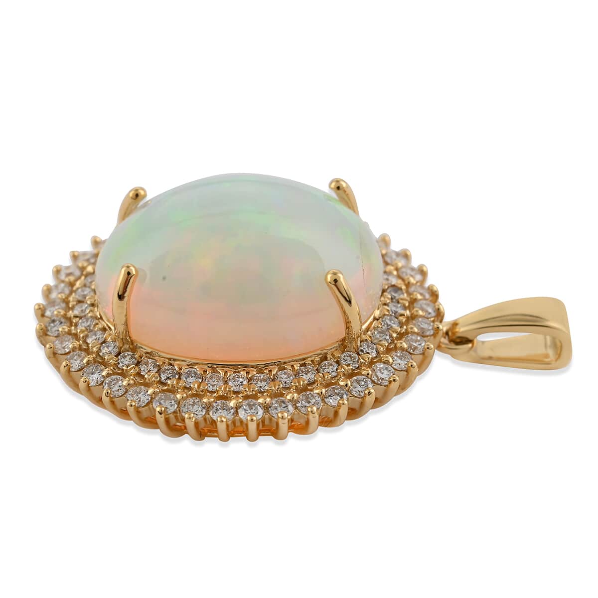Appraised Iliana 18K Yellow Gold AAA Ethiopian Welo Opal and G-H SI Diamond Double Halo Pendant 5.70 Grams 7.25 ctw image number 1