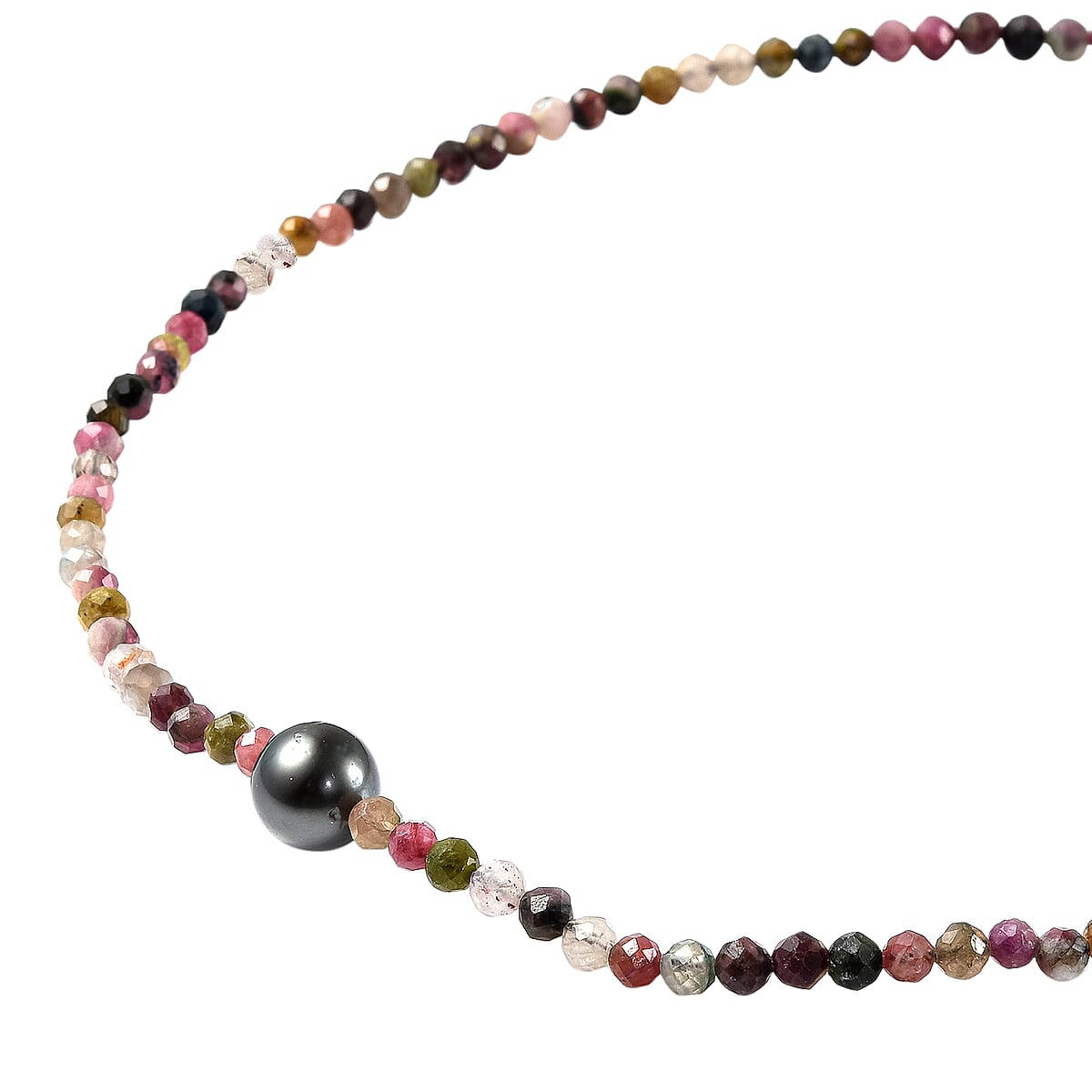 Multi-color Tourmaline Necklace, Tahitian Cultured Pearl Necklace, Rhodium Over Sterling Silver Necklace, Bolo Necklace, 18-22 Inch Adjustable Necklace 54.50 ctw image number 2
