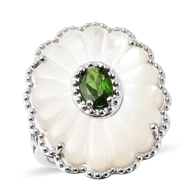 Natural Chrome Diopside and White Mother Of Pearl Daisy Flower Inspired Ring in Rhodium Over Sterling Silver (Size 7.0) 0.75 ctw