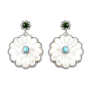 White Mother Of Pearl Carved and Multi Gemstone Daisy Flower Drop Earrings in Rhodium Over Sterling Silver 1.15 ctw