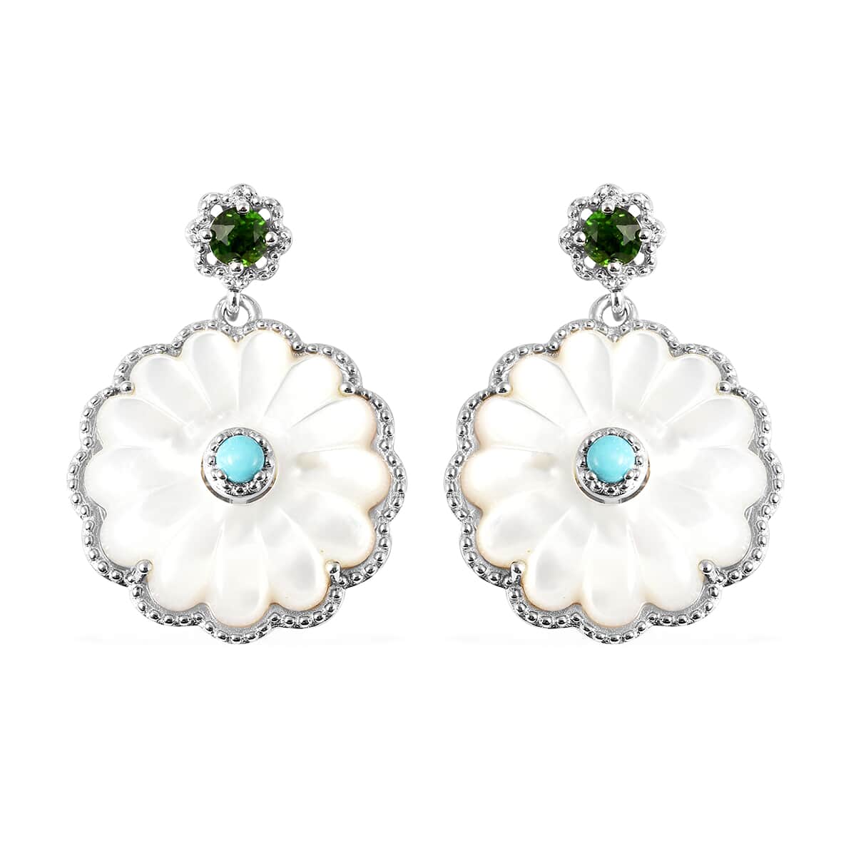White Mother Of Pearl Carved and Multi Gemstone Daisy Flower Drop Earrings in Rhodium Over Sterling Silver 1.15 ctw image number 0