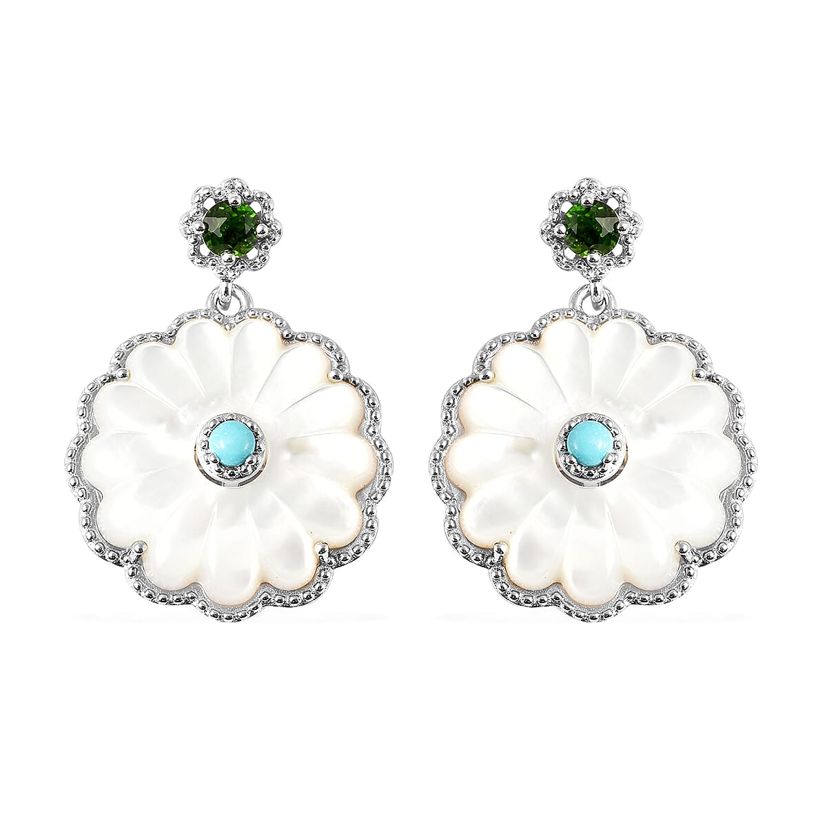 White Mother Of Pearl Carved and Multi Gemstone Daisy Flower Drop Earrings in Rhodium Over Sterling Silver 1.15 ctw image number 0