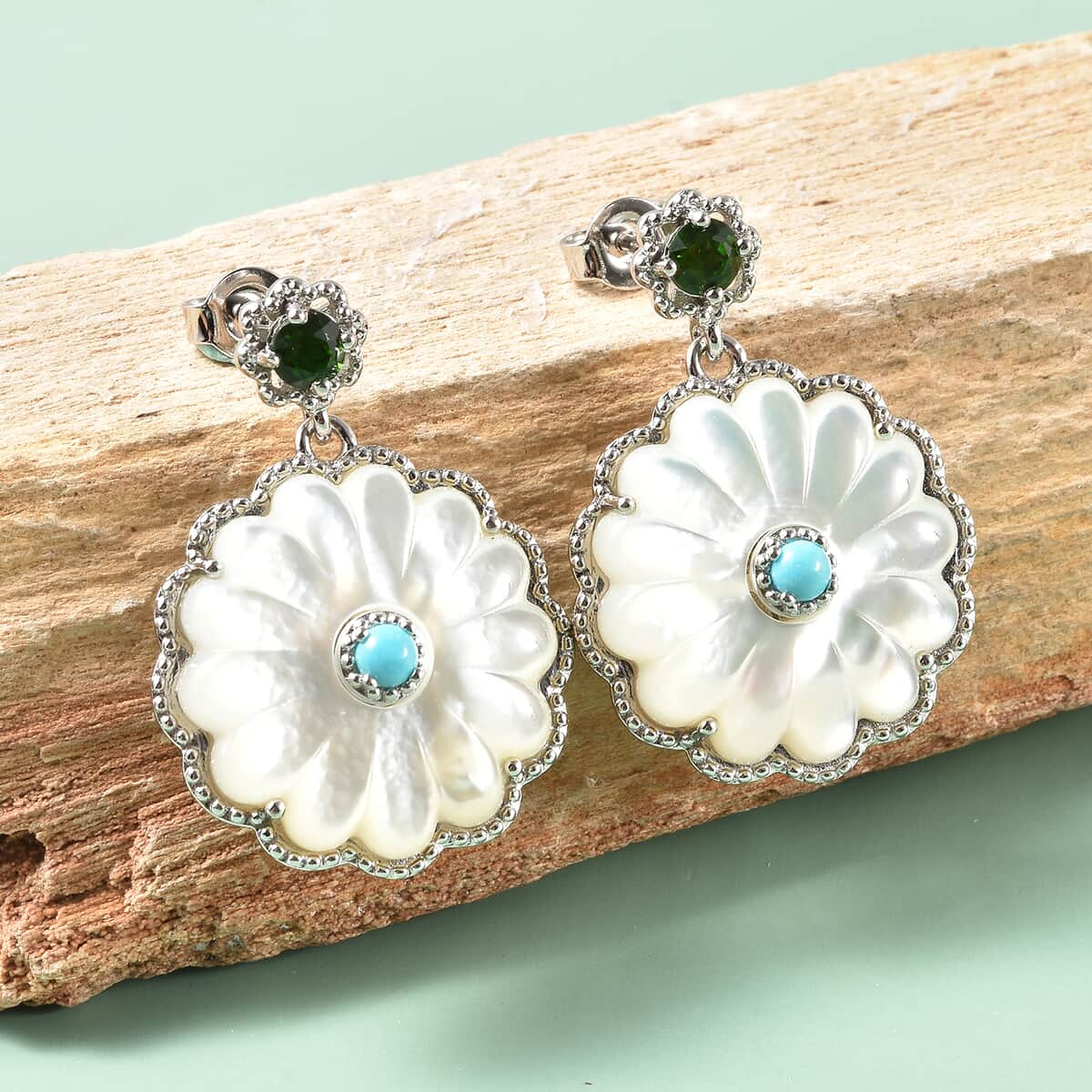 White Mother Of Pearl Carved and Multi Gemstone Daisy Flower Drop Earrings in Rhodium Over Sterling Silver 1.15 ctw image number 1