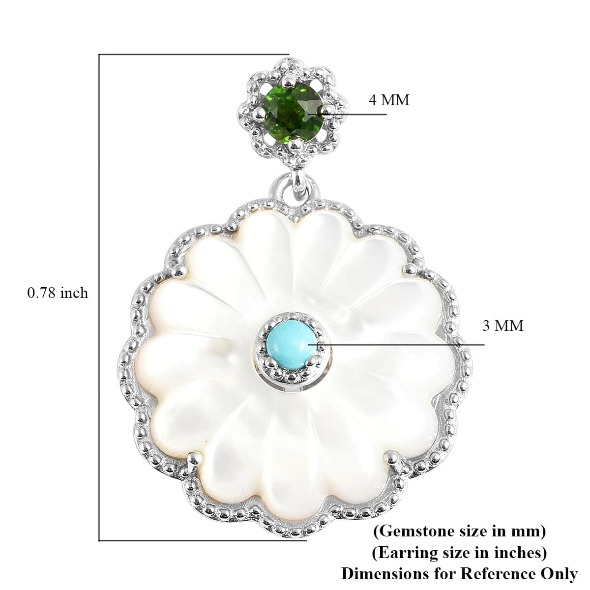 White Mother Of Pearl Carved and Multi Gemstone Daisy Flower Drop Earrings in Rhodium Over Sterling Silver 1.15 ctw image number 3