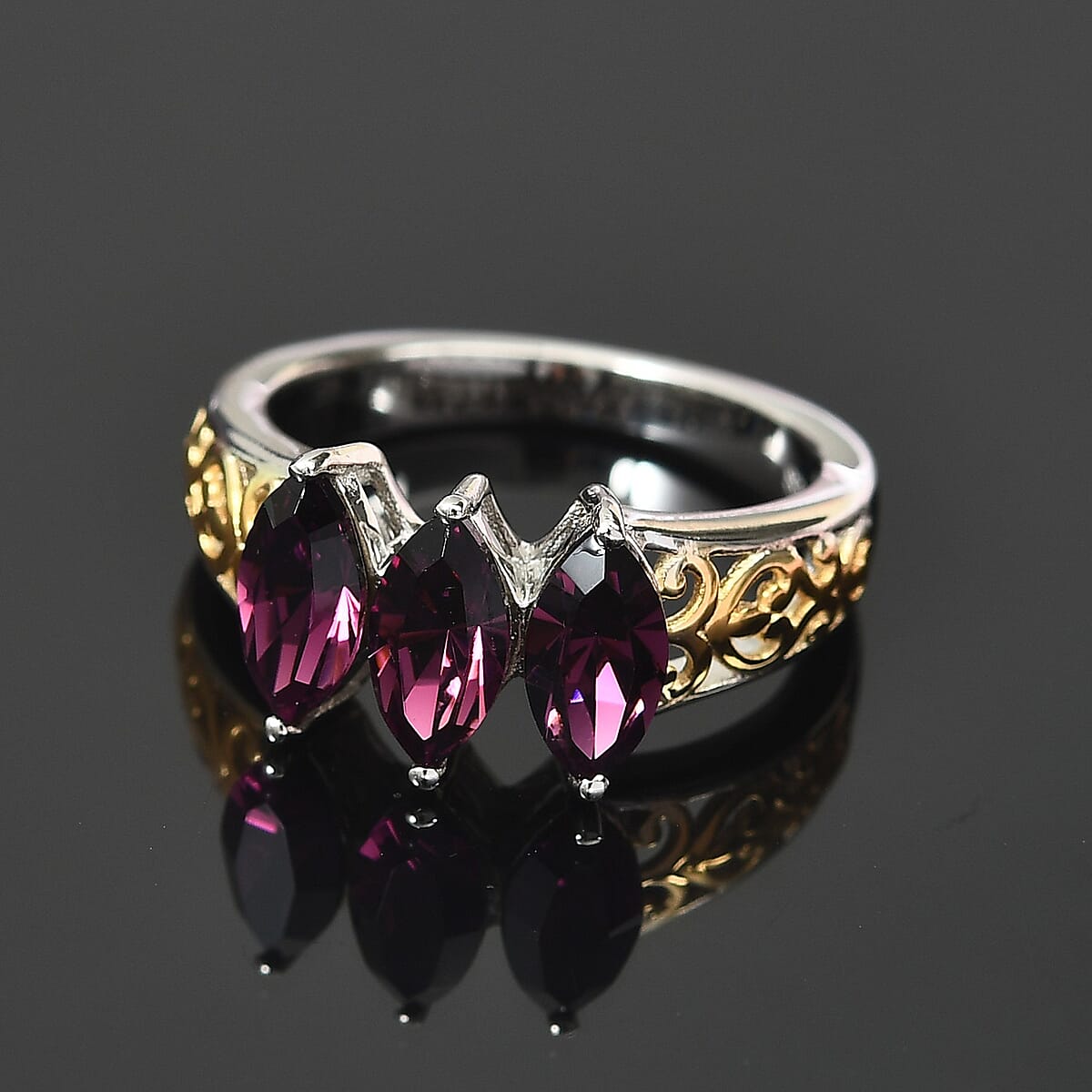Karis Purple Crystal 3 Stone Ring in 18K YG Plated & Platinum Bond (Size 7.0) image number 1