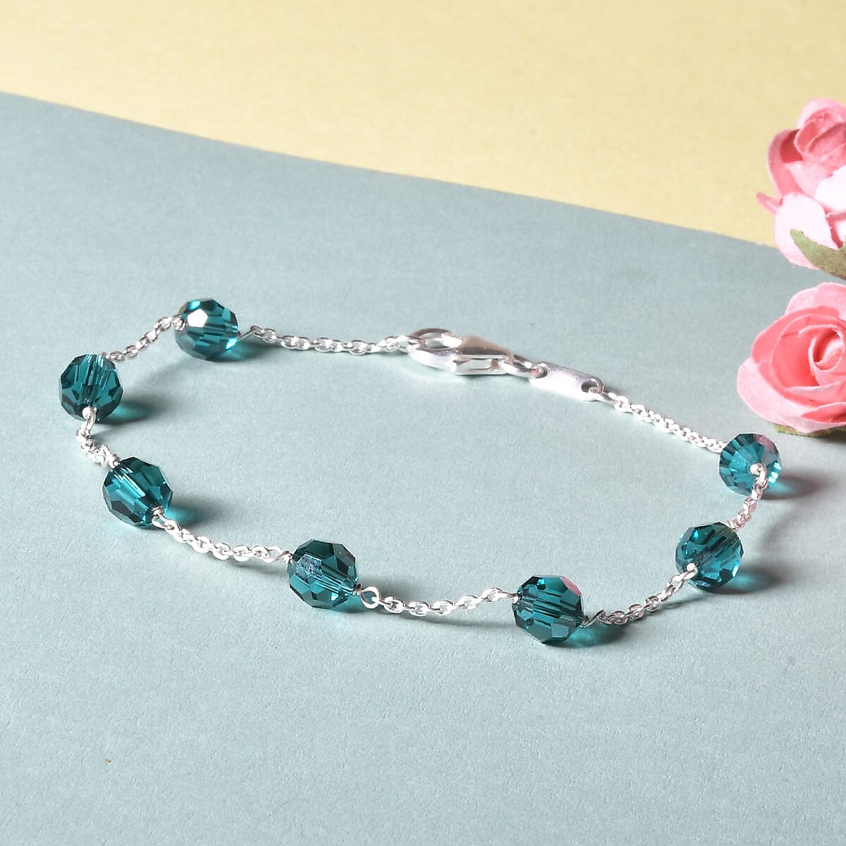 Blue Zircon Color Crystal Station Bracelet in Sterling Silver (7.25 In) image number 1