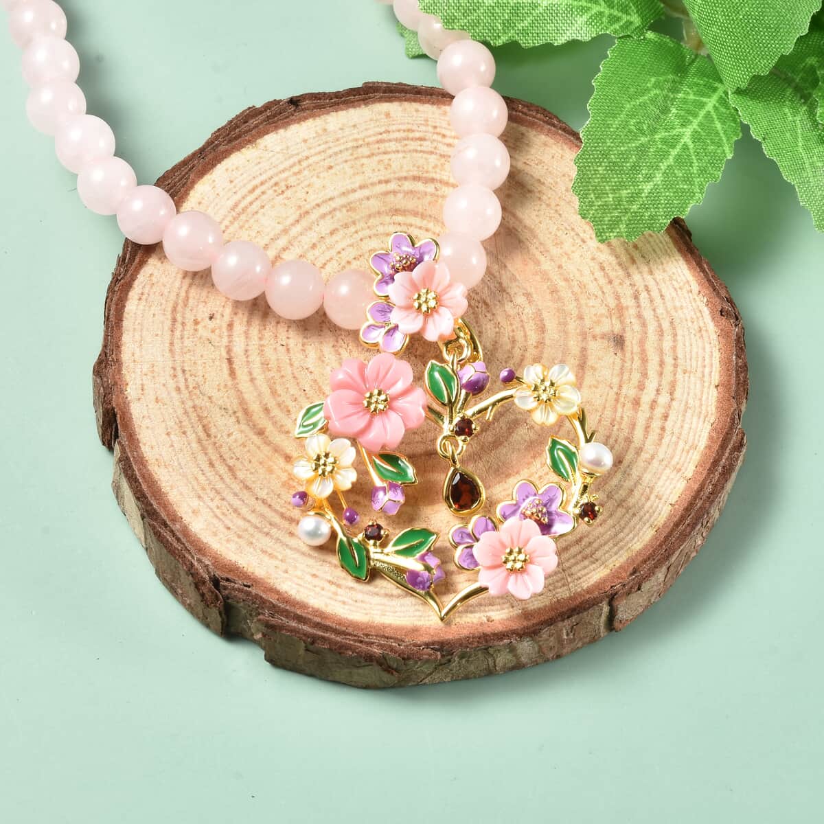 Jardin Collection Pink Mother Of Pearl and Multi Gemstone Heart Necklace 18 Inches in Vermeil Yellow Gold Over Sterling Silver 118.50 ctw image number 1