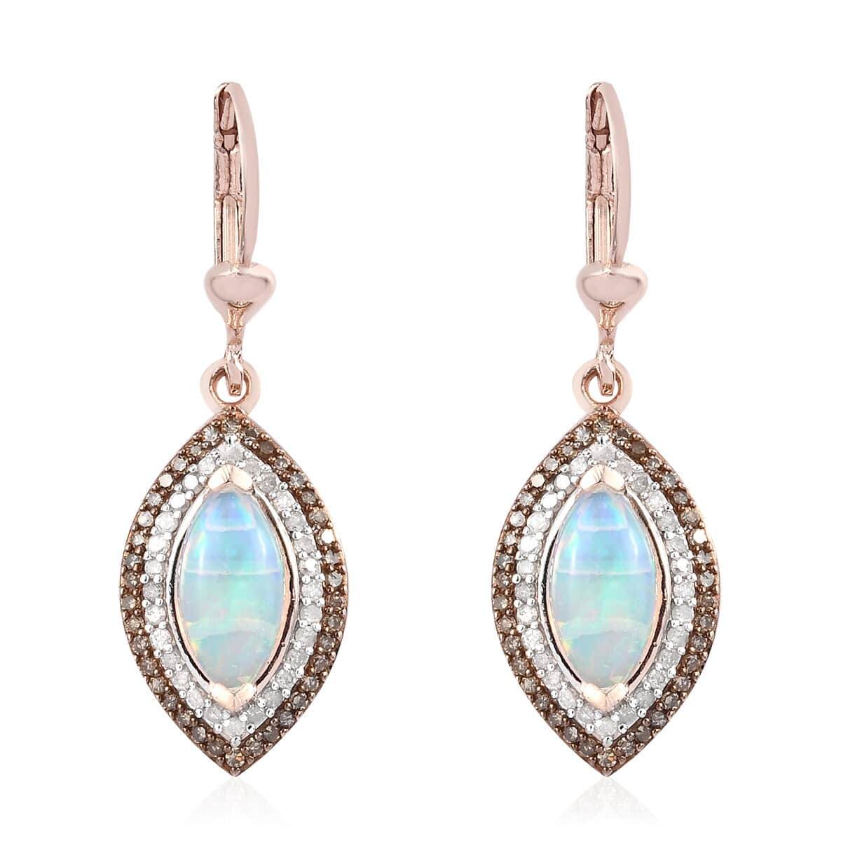 Ethiopian Welo Opal, Natural Champagne & White Diamond Dangle Earrings in Vermeil Rose Gold Over Sterling Silver 2.00 ctw image number 0