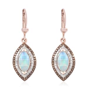 Ethiopian Welo Opal, Natural Champagne & White Diamond Dangle Earrings in Vermeil Rose Gold Over Sterling Silver 2.00 ctw