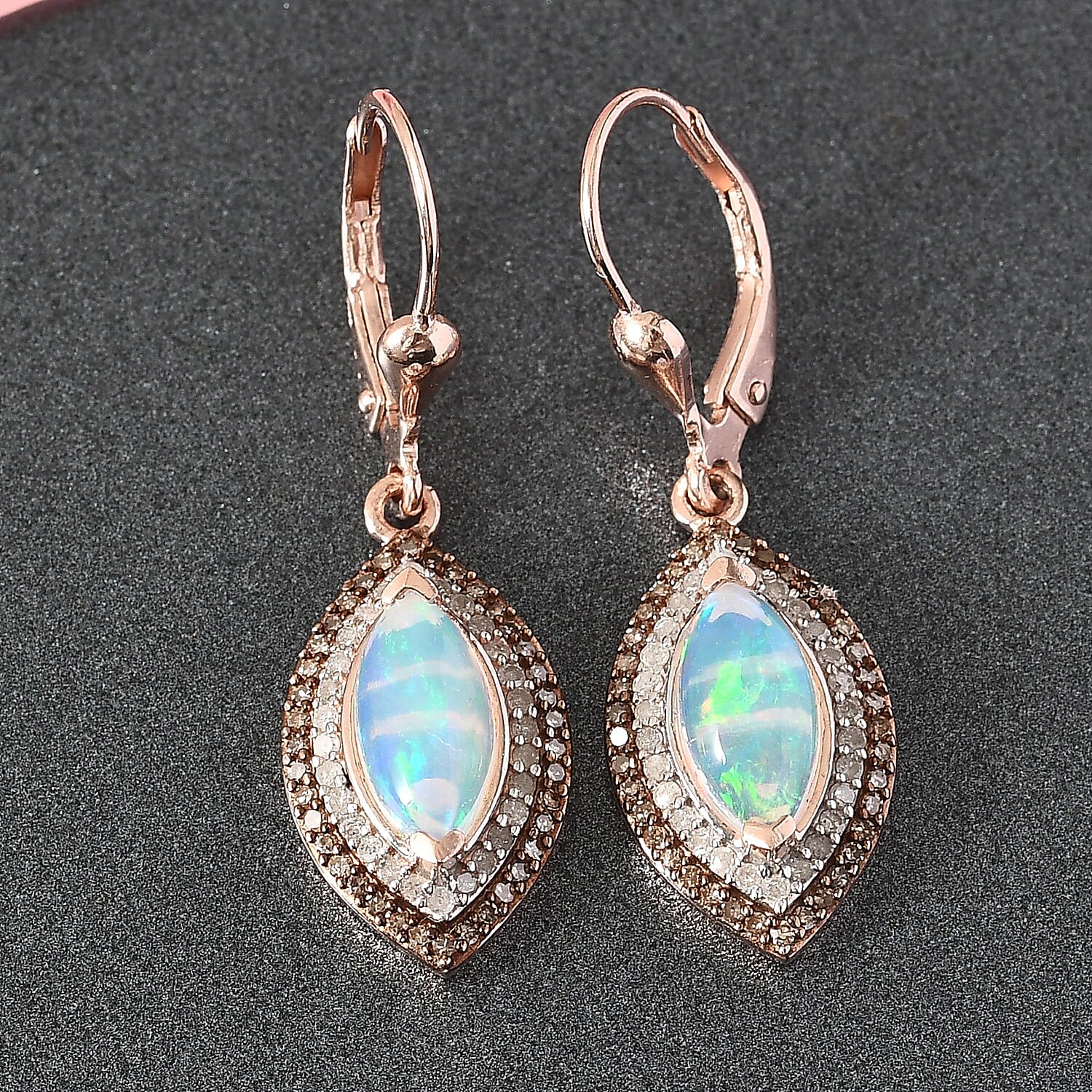 Ethiopian Welo Opal, Natural Champagne & White Diamond Dangle Earrings in Vermeil Rose Gold Over Sterling Silver 2.00 ctw