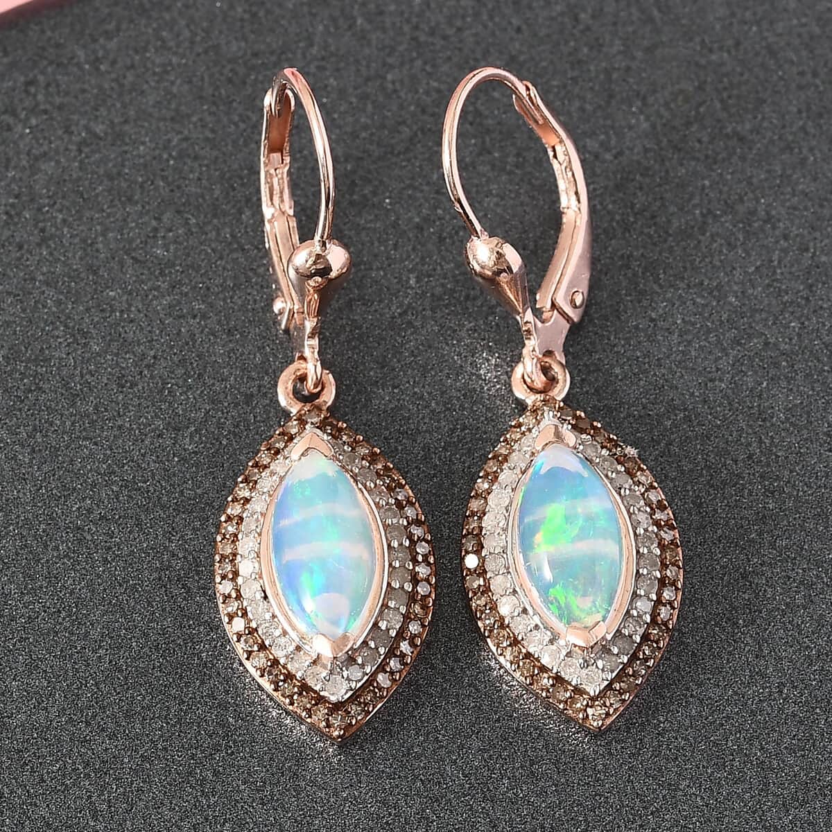 Ethiopian Welo Opal, Natural Champagne & White Diamond Dangle Earrings in Vermeil Rose Gold Over Sterling Silver 2.00 ctw image number 1