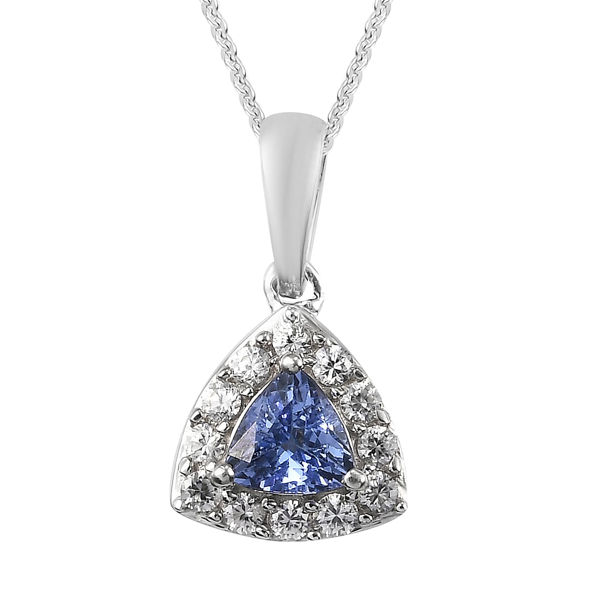 Tanzanite and Natural White Zircon Halo Pendant Necklace 20 Inches in Platinum Over Sterling Silver 1.00 ctw