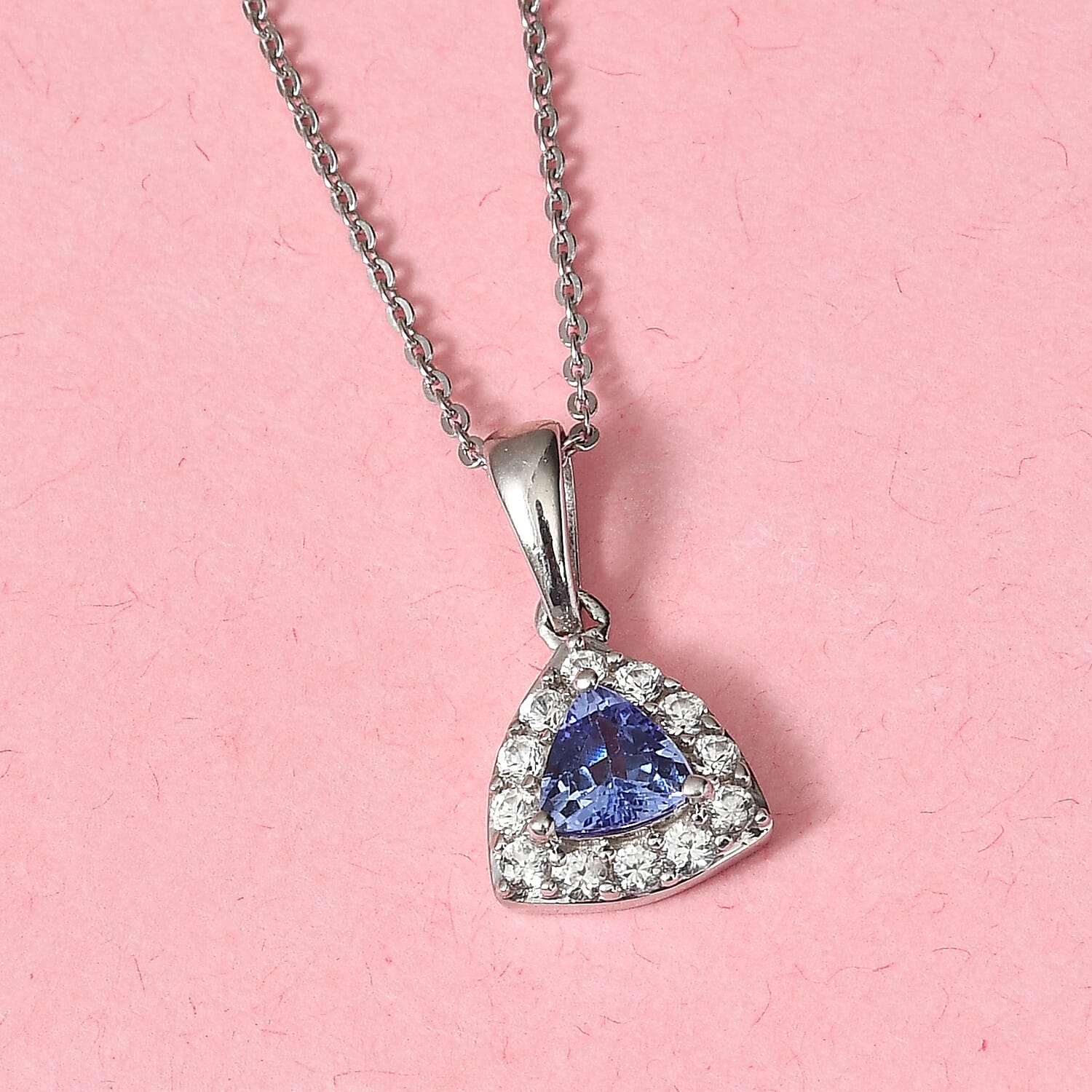 Tanzanite and Natural White Zircon Halo Pendant Necklace 20 Inches in Platinum Over Sterling Silver 1.00 ctw