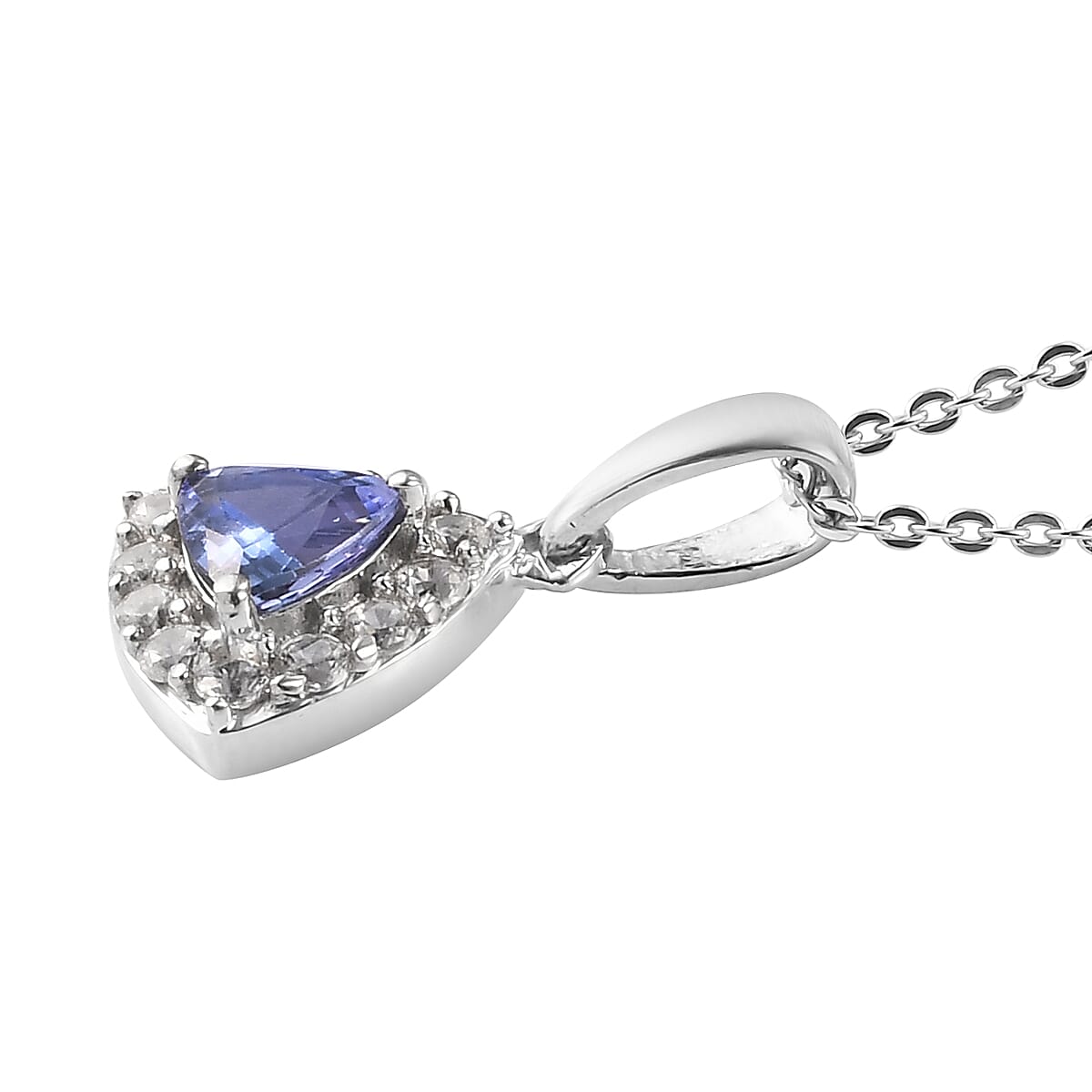 Tanzanite and Natural White Zircon Halo Pendant Necklace 20 Inches in Platinum Over Sterling Silver 1.00 ctw