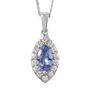 Tanzanite and Natural White Zircon Halo Pendant Necklace 20 Inches in Platinum Over Sterling Silver 1.15 ctw